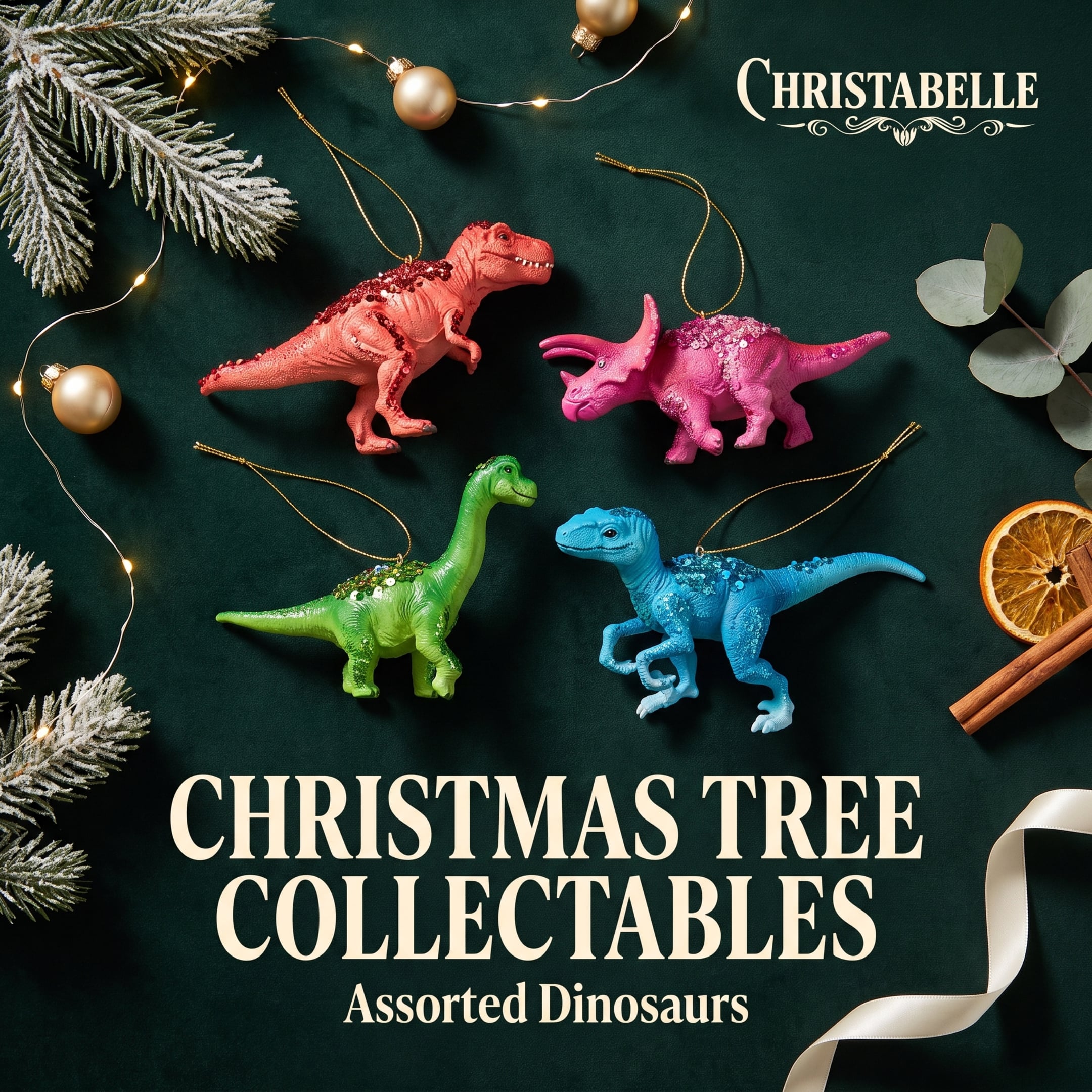 Christabelle 4 Dinosaur Christmas Ornaments Assorted Novelty Figures 15cm Xmas Tree Decorations Hanging Baubles