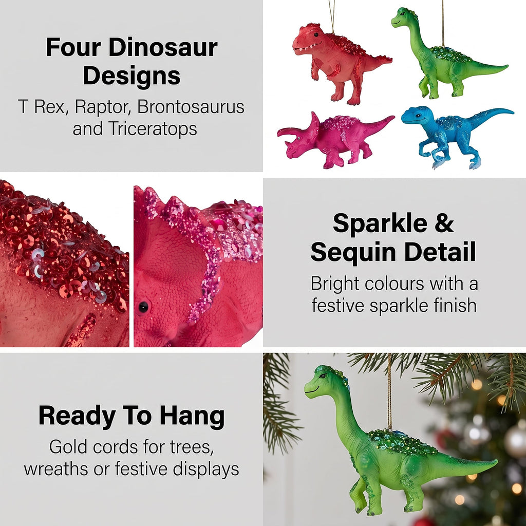 Christabelle 4 Dinosaur Christmas Ornaments Assorted Novelty Figures 15cm Xmas Tree Decorations Hanging Baubles