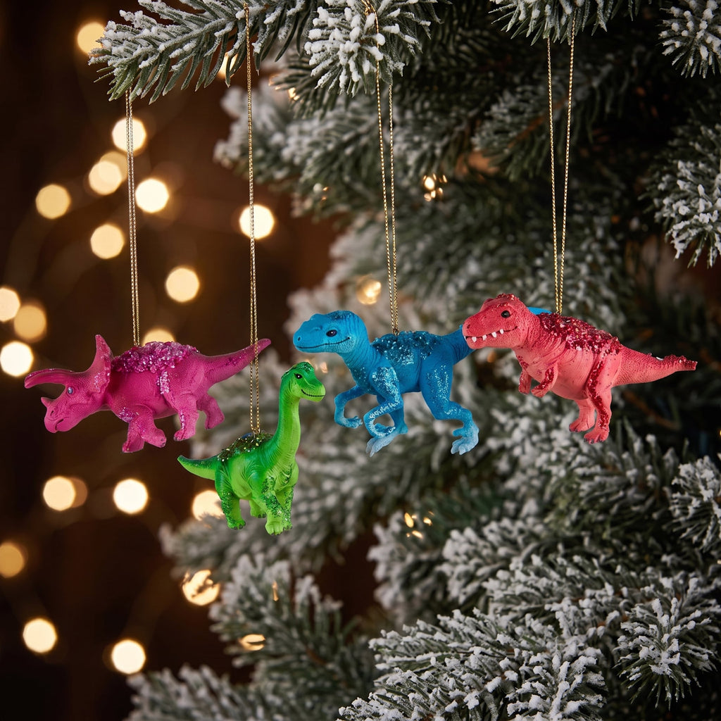 Christabelle 4 Dinosaur Christmas Ornaments Assorted Novelty Figures 15cm Xmas Tree Decorations Hanging Baubles