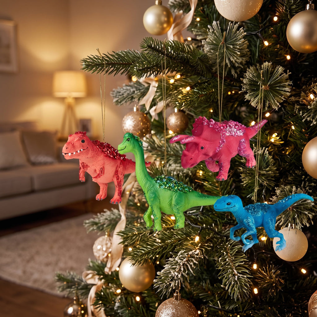 Christabelle 4 Dinosaur Christmas Ornaments Assorted Novelty Figures 15cm Xmas Tree Decorations Hanging Baubles