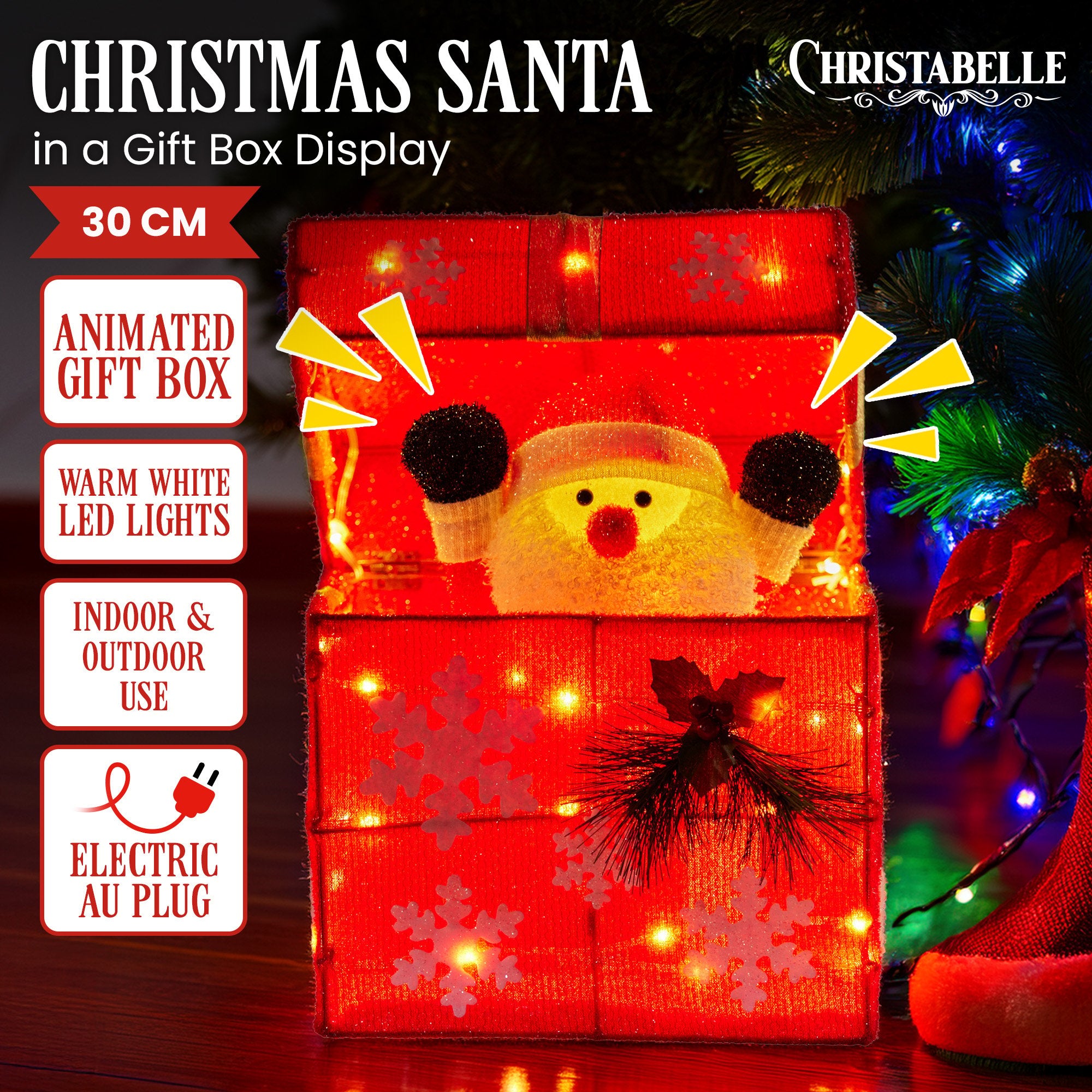 Christabelle Animated Santa Gift Box LED Christmas Tree Lights Decoration Xmas Ornament Indoor Outdoor