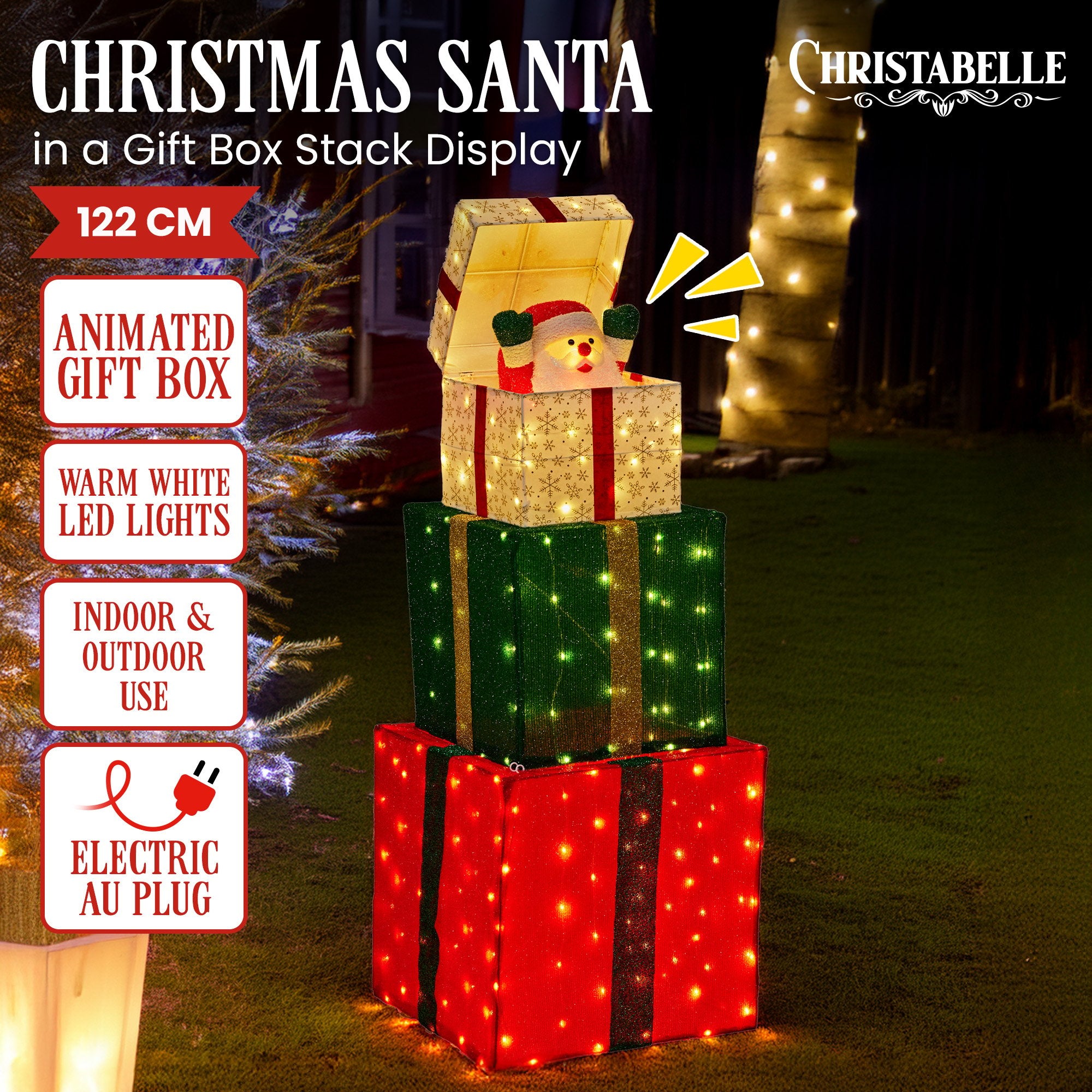 Christabelle 122cm Animated Present Stack Santa LED Lights Christmas Tree Decoration Ornament Xmas Decor