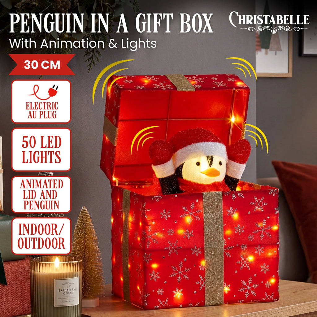 Christabelle 30cm Animated Penguin Gift Box Christmas Light Up DisplayLED Outdoor Indoor Xmas Yard Lawn Statue