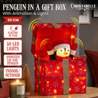 Christabelle 30cm Animated Penguin Gift Box Christmas Light Up DisplayLED Outdoor Indoor Xmas Yard Lawn Statue