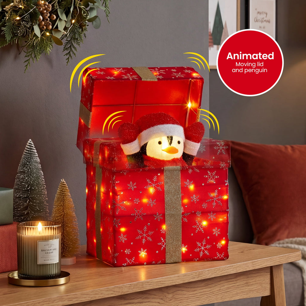 Christabelle 30cm Animated Penguin Gift Box Christmas Light Up DisplayLED Outdoor Indoor Xmas Yard Lawn Statue