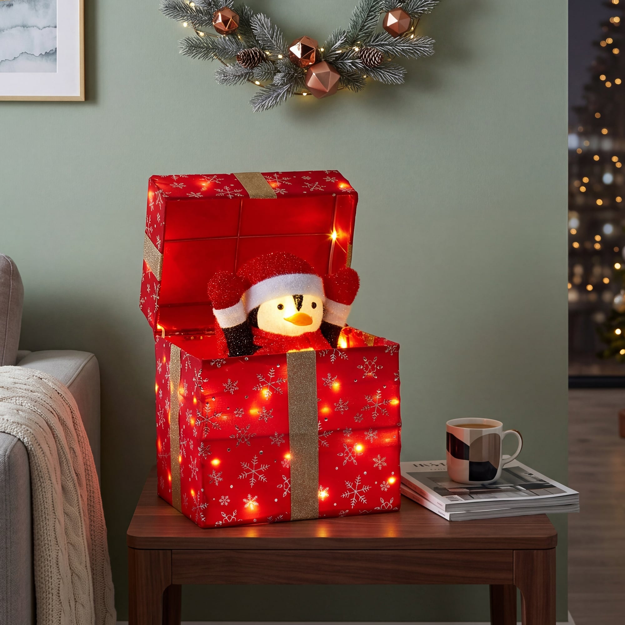 Christabelle 30cm Animated Penguin Gift Box Christmas Light Up DisplayLED Outdoor Indoor Xmas Yard Lawn Statue