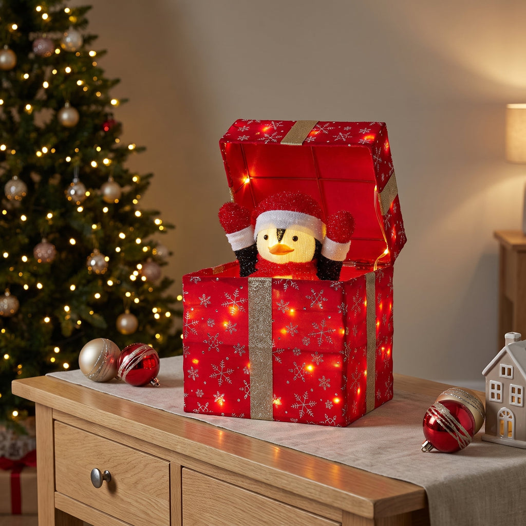 Christabelle 30cm Animated Penguin Gift Box Christmas Light Up DisplayLED Outdoor Indoor Xmas Yard Lawn Statue