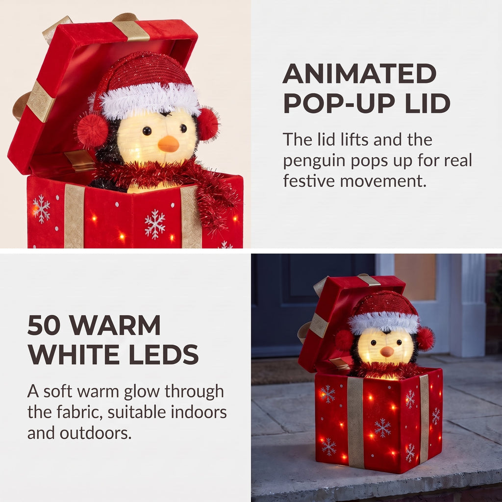 Christabelle 30cm Animated Penguin Gift Box Christmas Light Up DisplayLED Outdoor Indoor Xmas Yard Lawn Statue