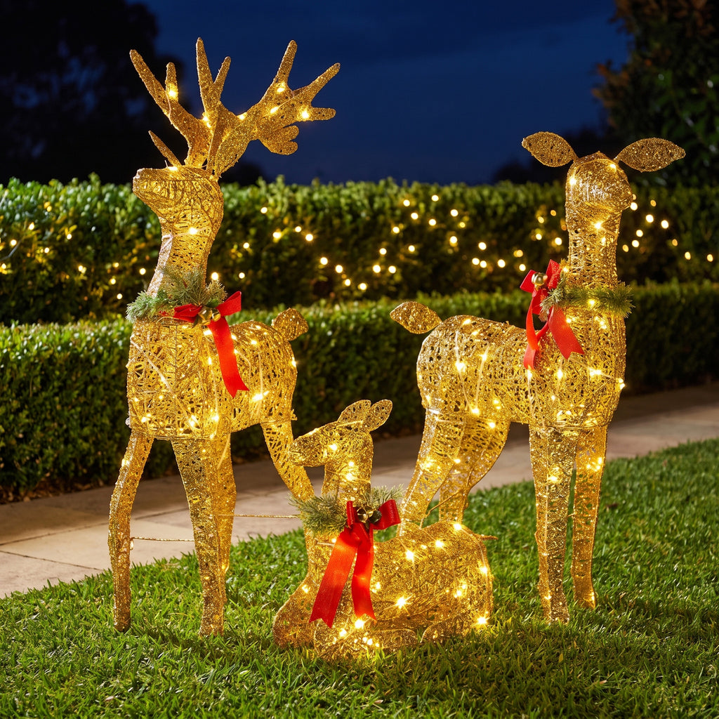 Christabelle 3 Reindeer Family Christmas Light Up Display 1.07m Rich Gold Animated Outdoor Indoor Xmas Yard Lawn Statue