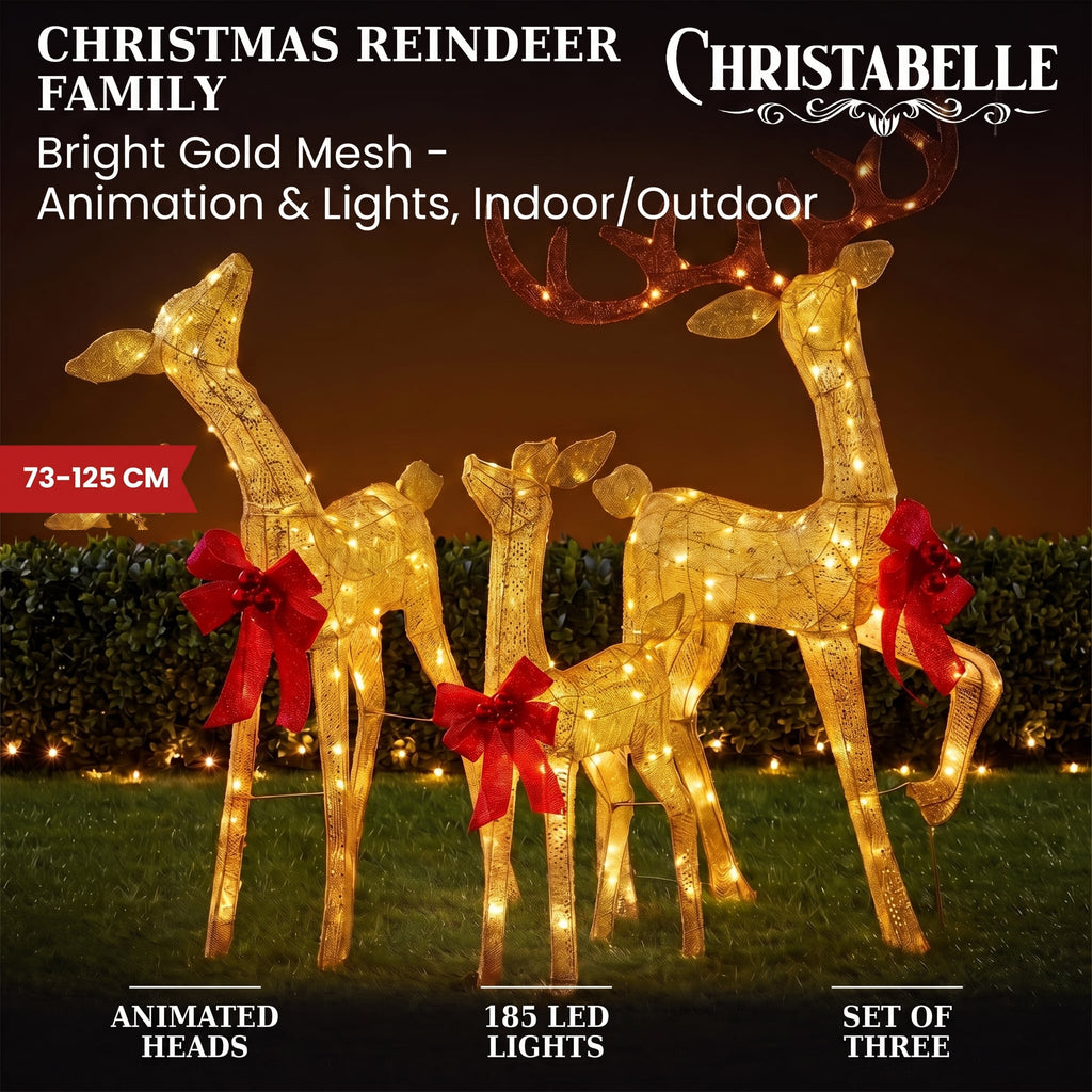 Christabelle 3 Reindeer Family Christmas Light Up Display 1.25m Gold Mesh Animated Outdoor Indoor Xmas Yard Lawn Statue
