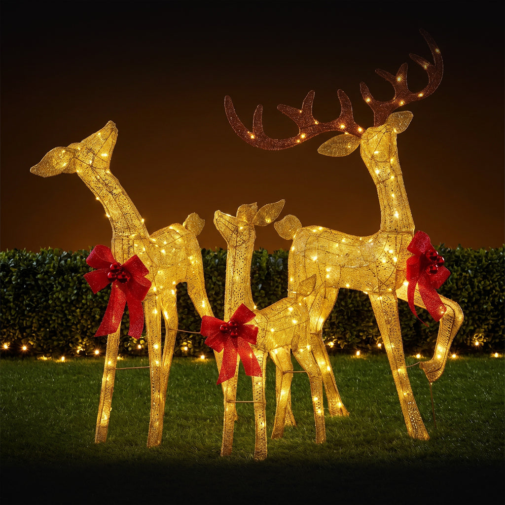Christabelle 3 Reindeer Family Christmas Light Up Display 1.25m Gold Mesh Animated Outdoor Indoor Xmas Yard Lawn Statue