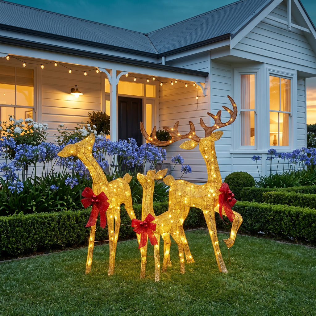 Christabelle 3 Reindeer Family Christmas Light Up Display 1.25m Gold Mesh Animated Outdoor Indoor Xmas Yard Lawn Statue