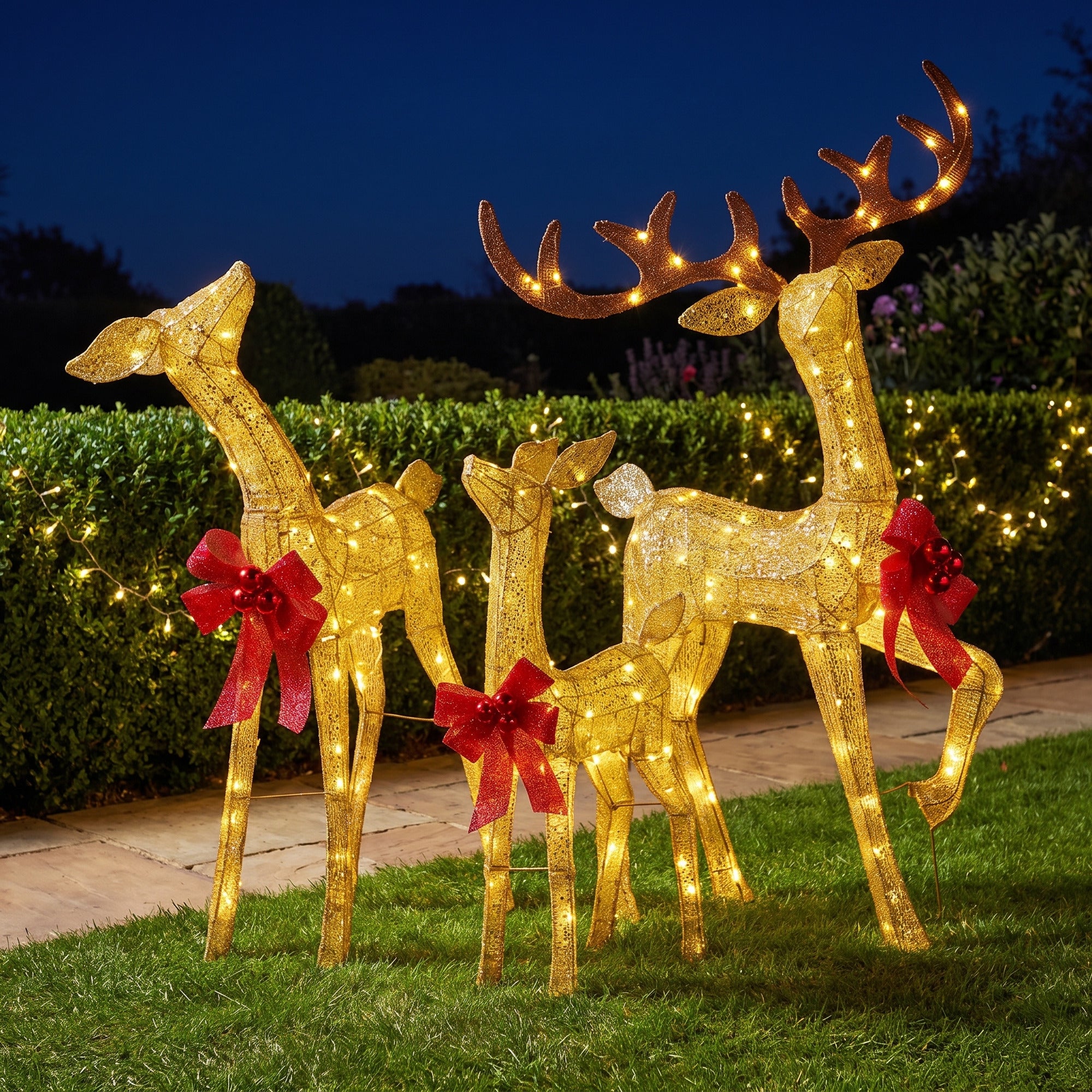 Christabelle 3 Reindeer Family Christmas Light Up Display 1.25m Gold Mesh Animated Outdoor Indoor Xmas Yard Lawn Statue