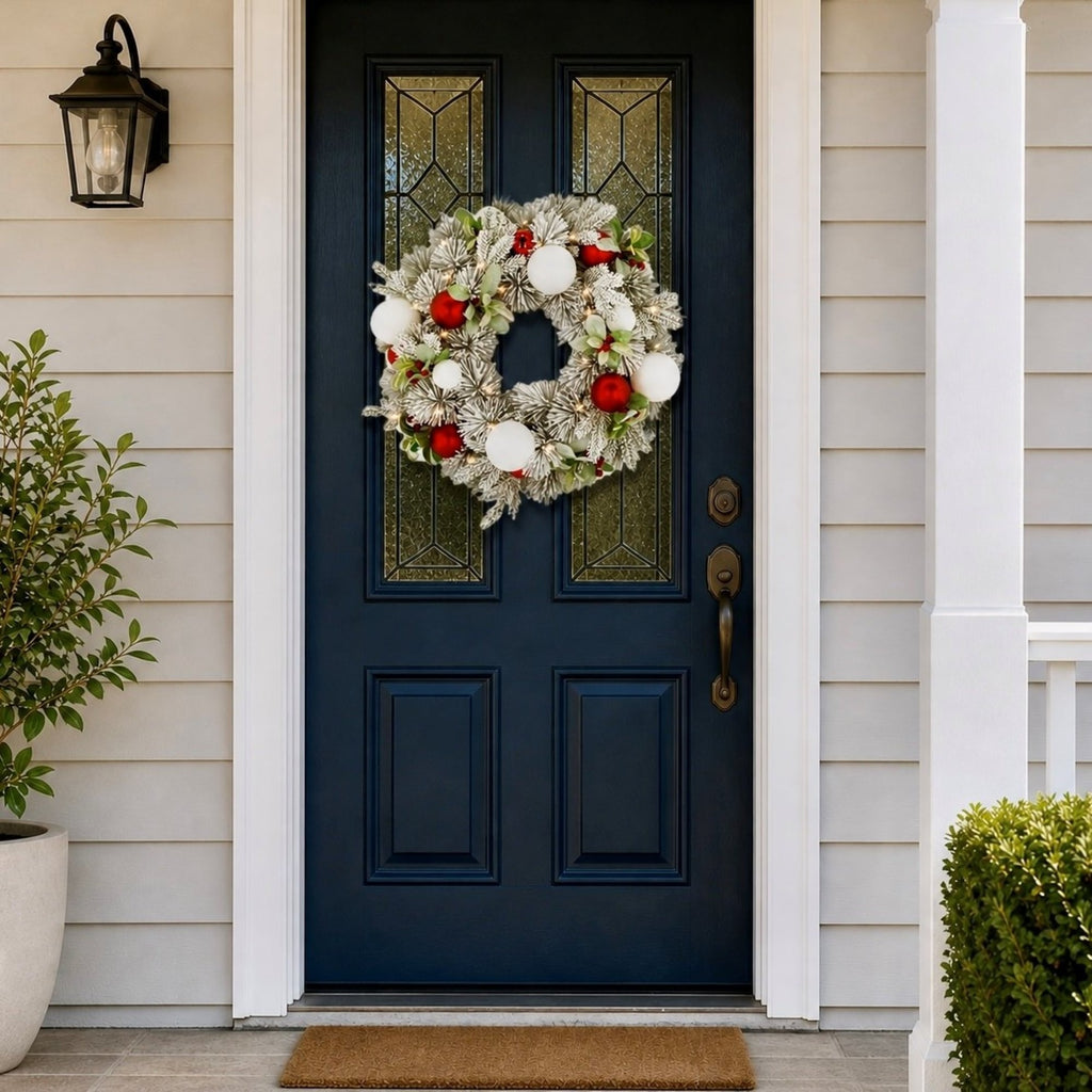 Christabelle 61cm Snowy Elegance Christmas Wreath Pre Lit Warm White LED Red Baubles Berries Front Door Xmas Decoration