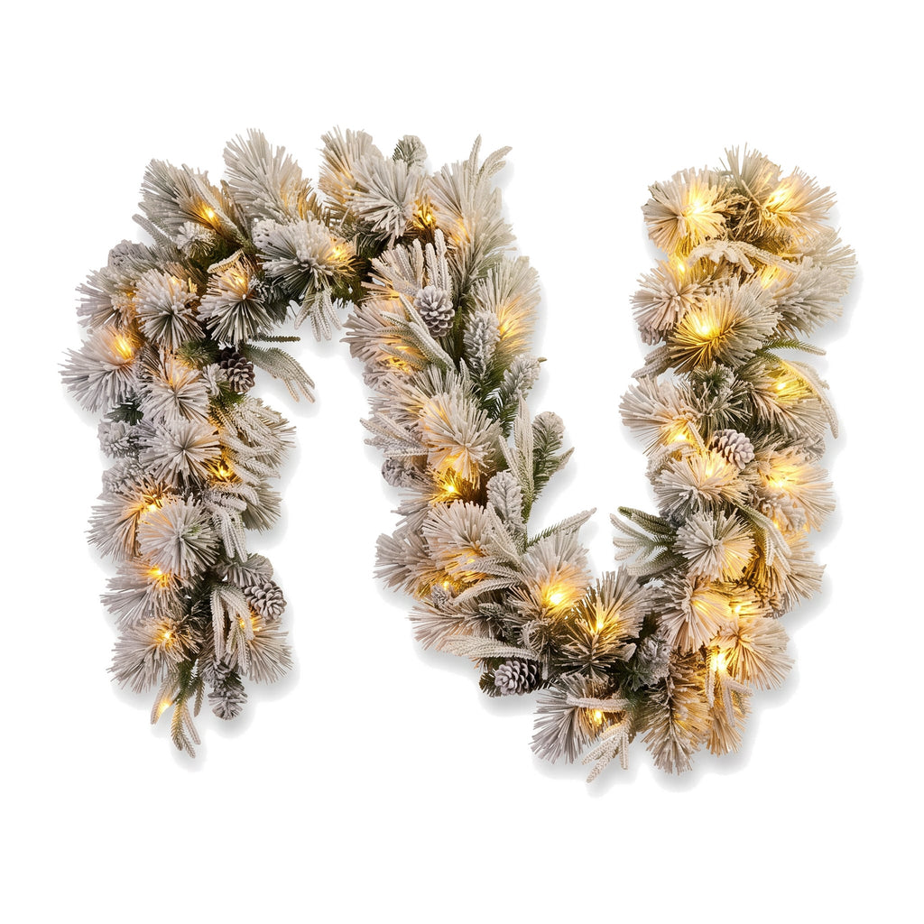 Christabelle 2.74m Alpine Snow Christmas Garland Pre Lit Multi Function LED Timer Flocked Pine Cones