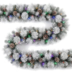 Christabelle 2.74m Alpine Snow Christmas Garland Pre Lit Multi Function LED Timer Flocked Pine Cones