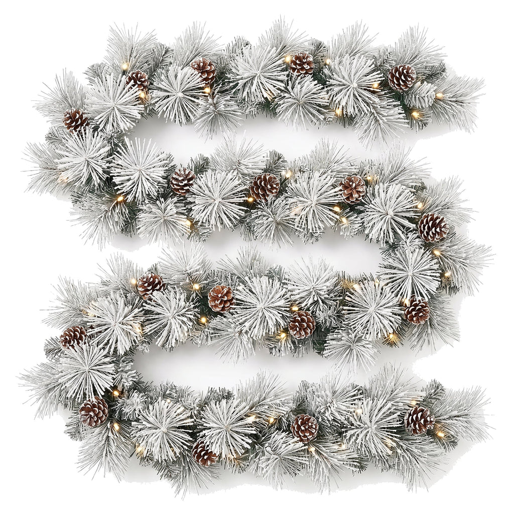 Christabelle 2.74m Alpine Snow Christmas Garland Pre Lit Multi Function LED Timer Flocked Pine Cones