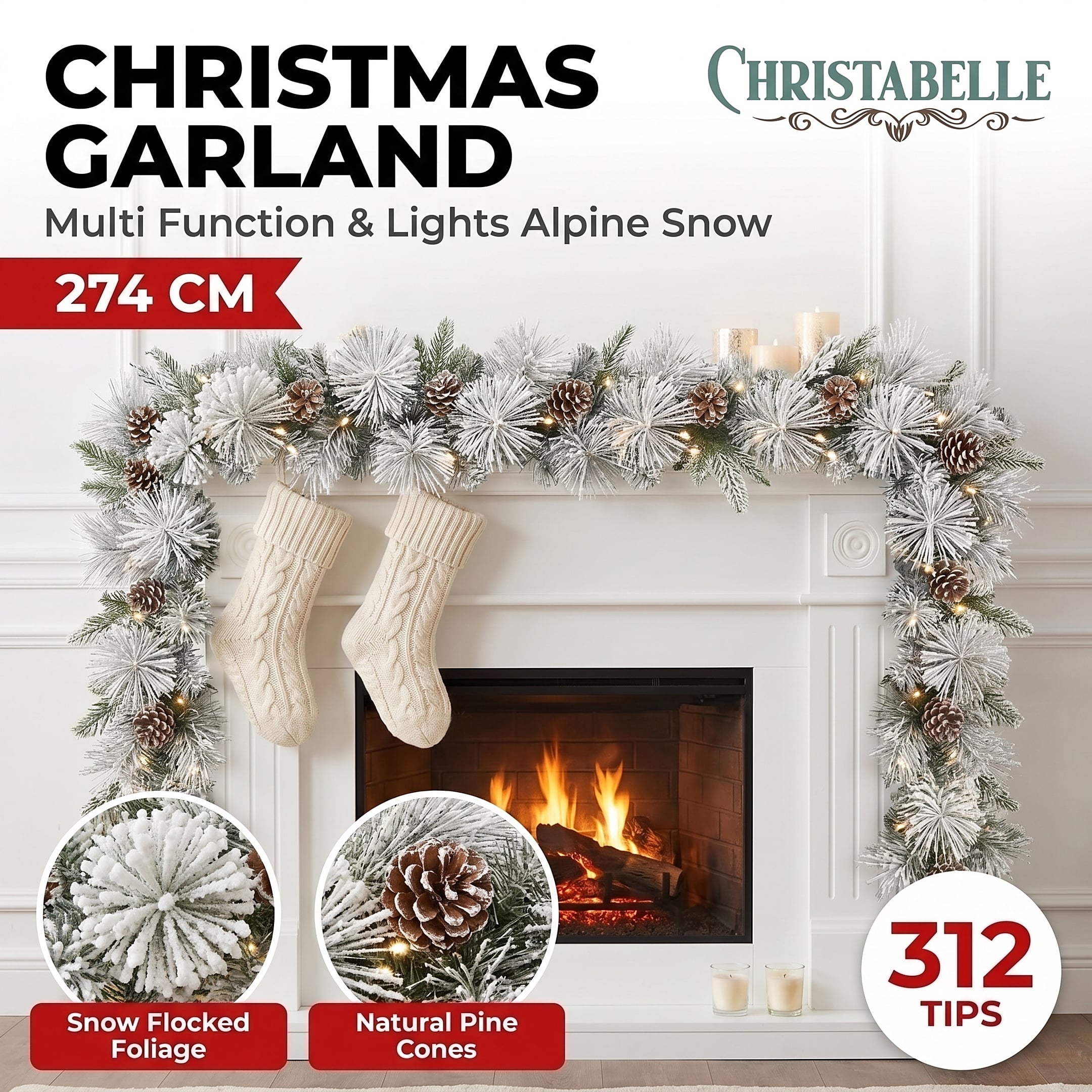Christabelle 2.74m Alpine Snow Christmas Garland Pre Lit Multi Function LED Timer Flocked Pine Cones