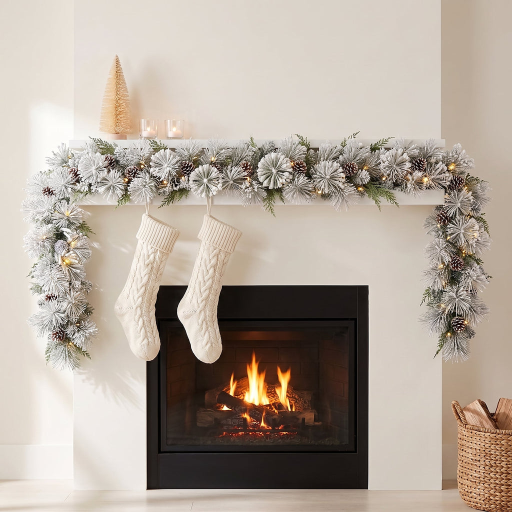 Christabelle 2.74m Alpine Snow Christmas Garland Pre Lit Multi Function LED Timer Flocked Pine Cones