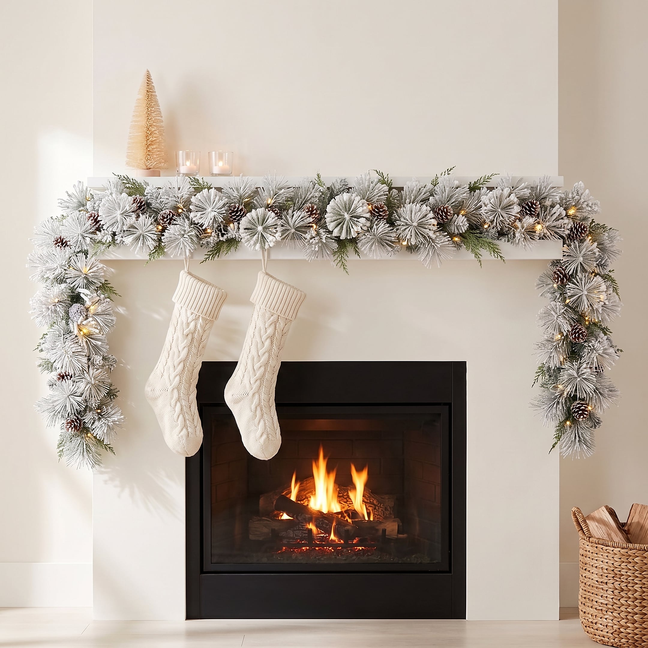 Christabelle 2.74m Alpine Snow Christmas Garland Pre Lit Multi Function LED Timer Flocked Pine Cones