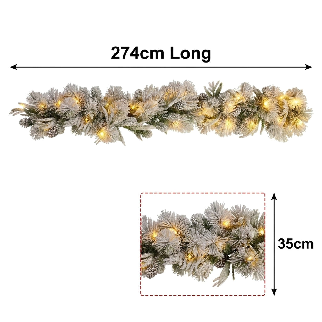 Christabelle 2.74m Alpine Snow Christmas Garland Pre Lit Multi Function LED Timer Flocked Pine Cones
