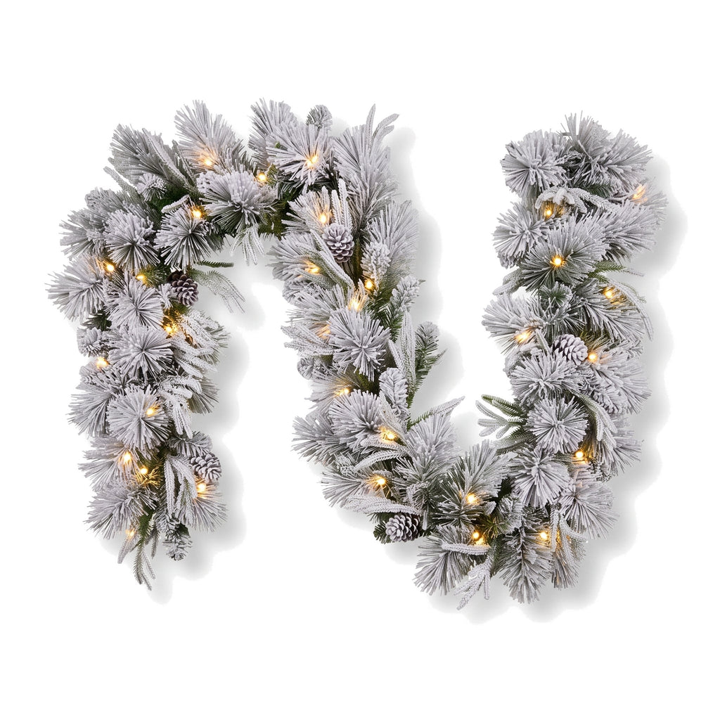 Christabelle 2.74m Alpine Snow Christmas Garland Pre Lit Multi Function LED Timer Flocked Pine Cones