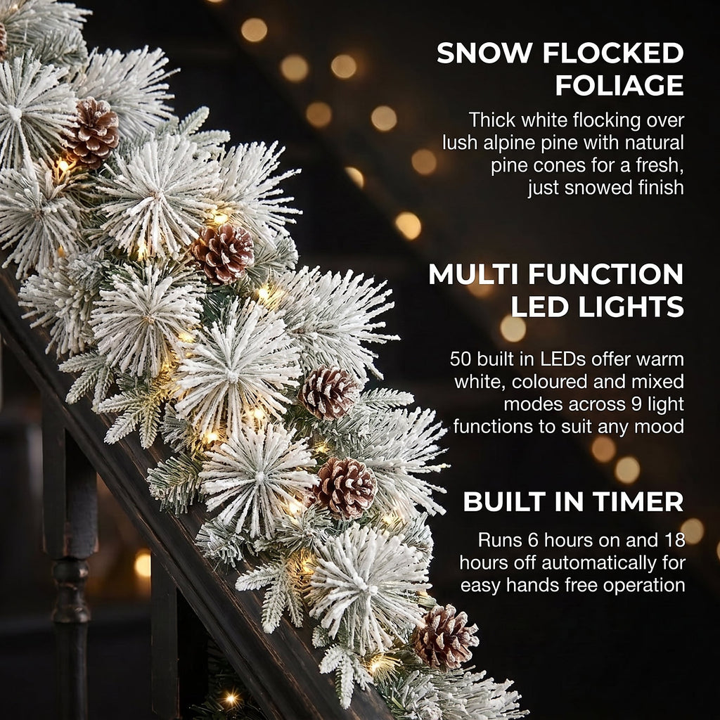 Christabelle 2.74m Alpine Snow Christmas Garland Pre Lit Multi Function LED Timer Flocked Pine Cones