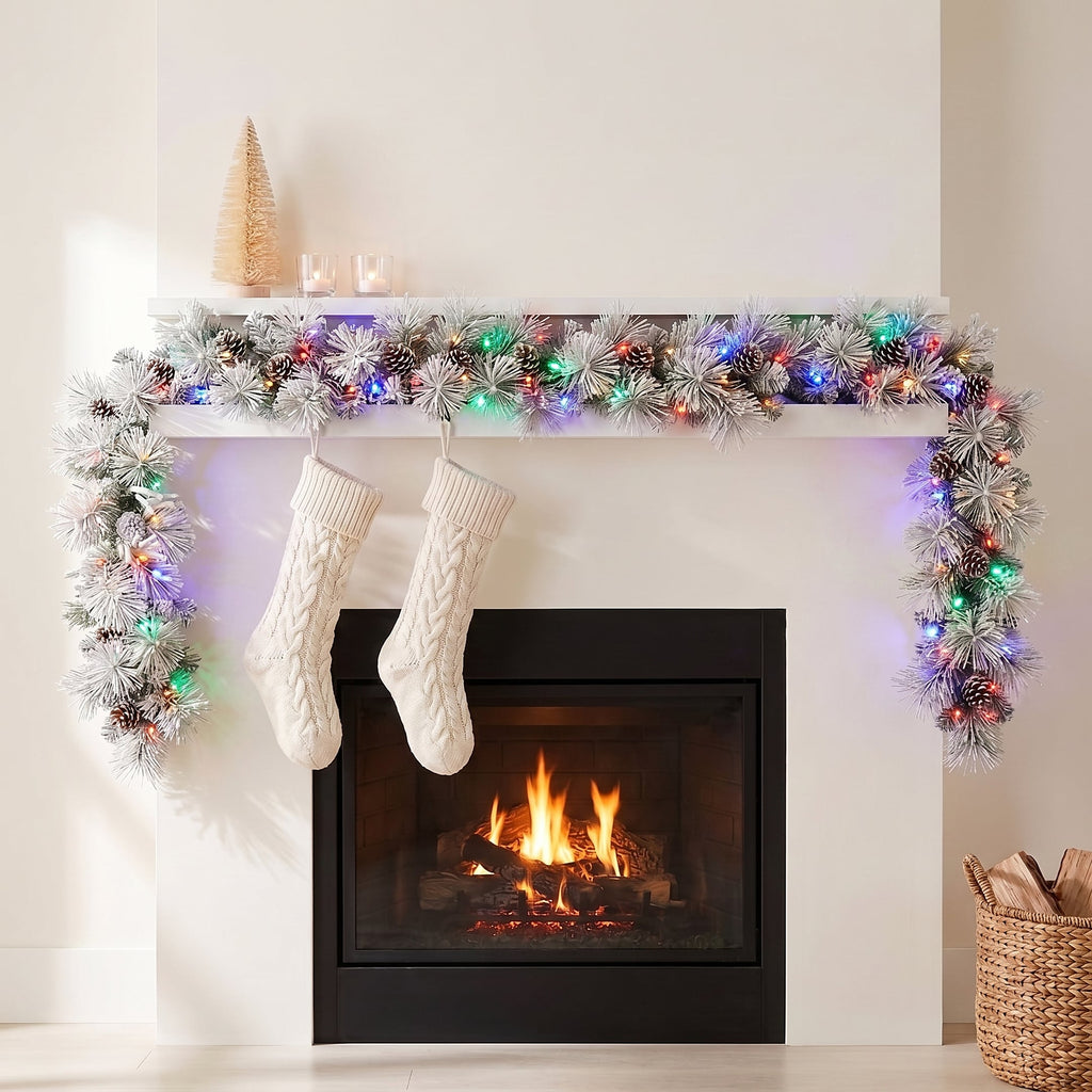 Christabelle 2.74m Alpine Snow Christmas Garland Pre Lit Multi Function LED Timer Flocked Pine Cones