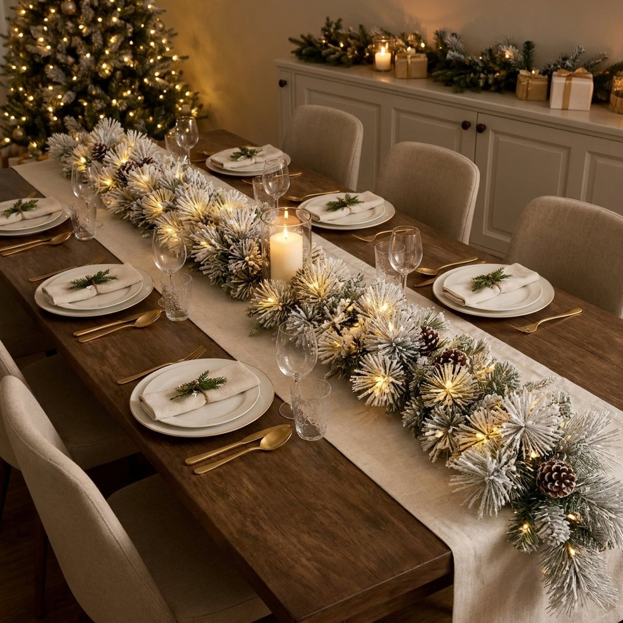 Christabelle 2.74m Alpine Snow Christmas Garland Pre Lit Multi Function LED Timer Flocked Pine Cones