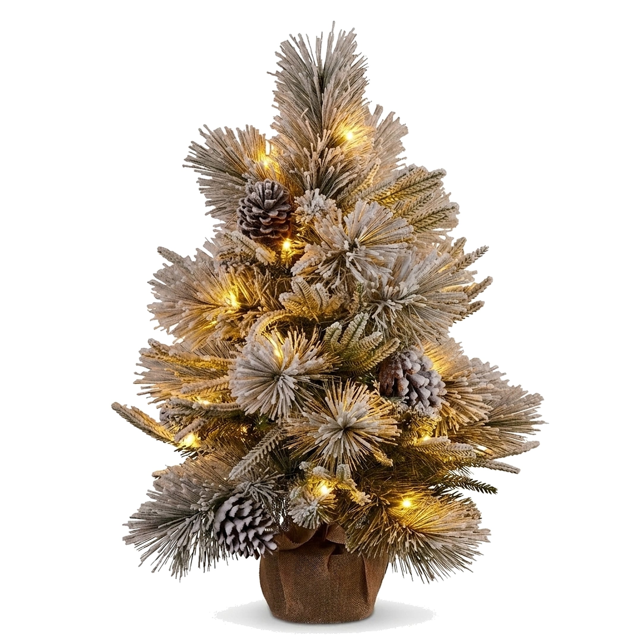 Christabelle 61cm 2ft Alpine Snow Potted Christmas Tree Pre Lit LED Pinecone Hessian Tabletop Festive Holiday Decoration