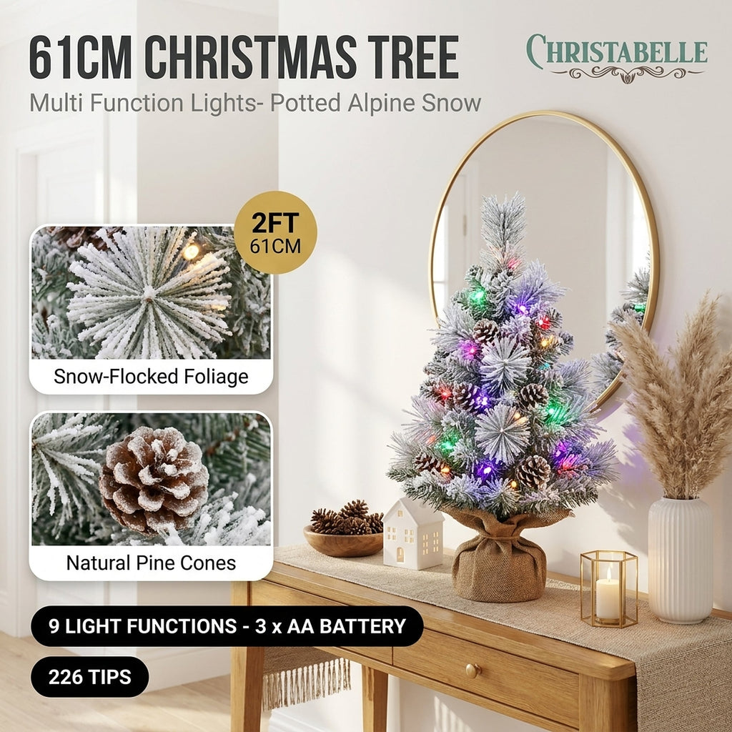 Christabelle 61cm 2ft Alpine Snow Potted Christmas Tree Pre Lit LED Pinecone Hessian Tabletop Festive Holiday Decoration
