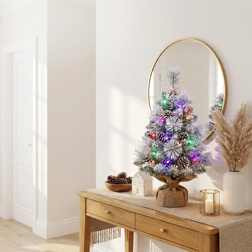 Christabelle 61cm 2ft Alpine Snow Potted Christmas Tree Pre Lit LED Pinecone Hessian Tabletop Festive Holiday Decoration