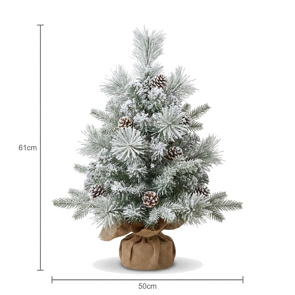 Christabelle 61cm 2ft Alpine Snow Potted Christmas Tree Pre Lit LED Pinecone Hessian Tabletop Festive Holiday Decoration