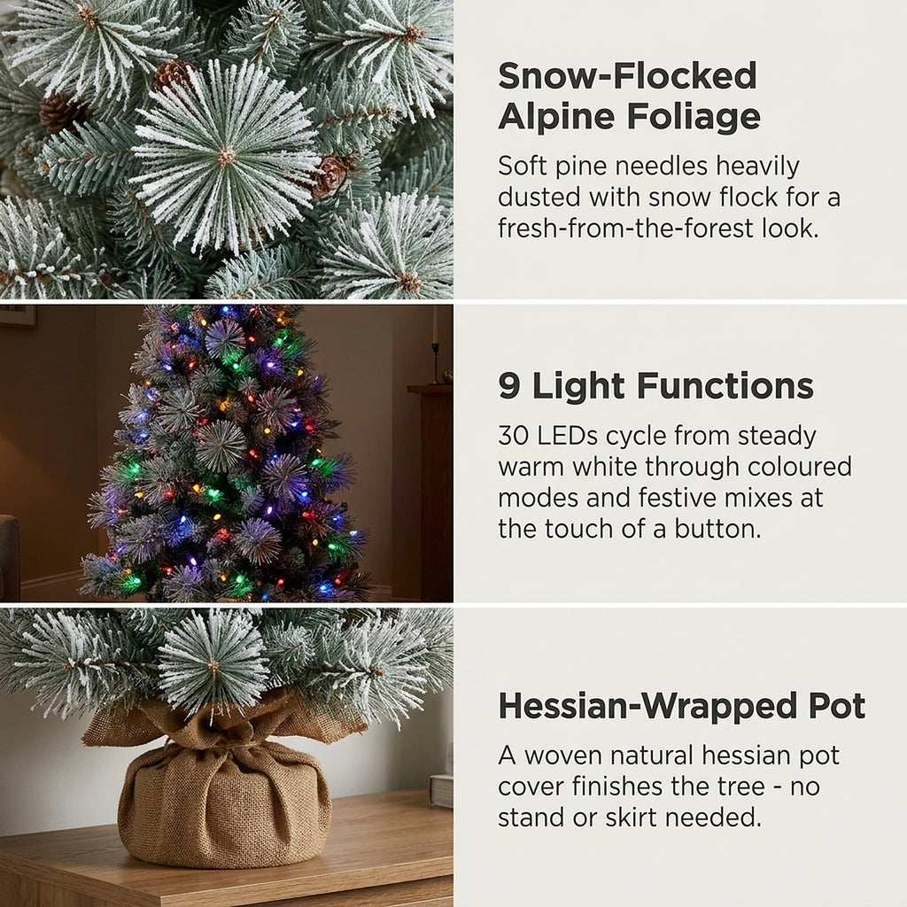 Christabelle 61cm 2ft Alpine Snow Potted Christmas Tree Pre Lit LED Pinecone Hessian Tabletop Festive Holiday Decoration