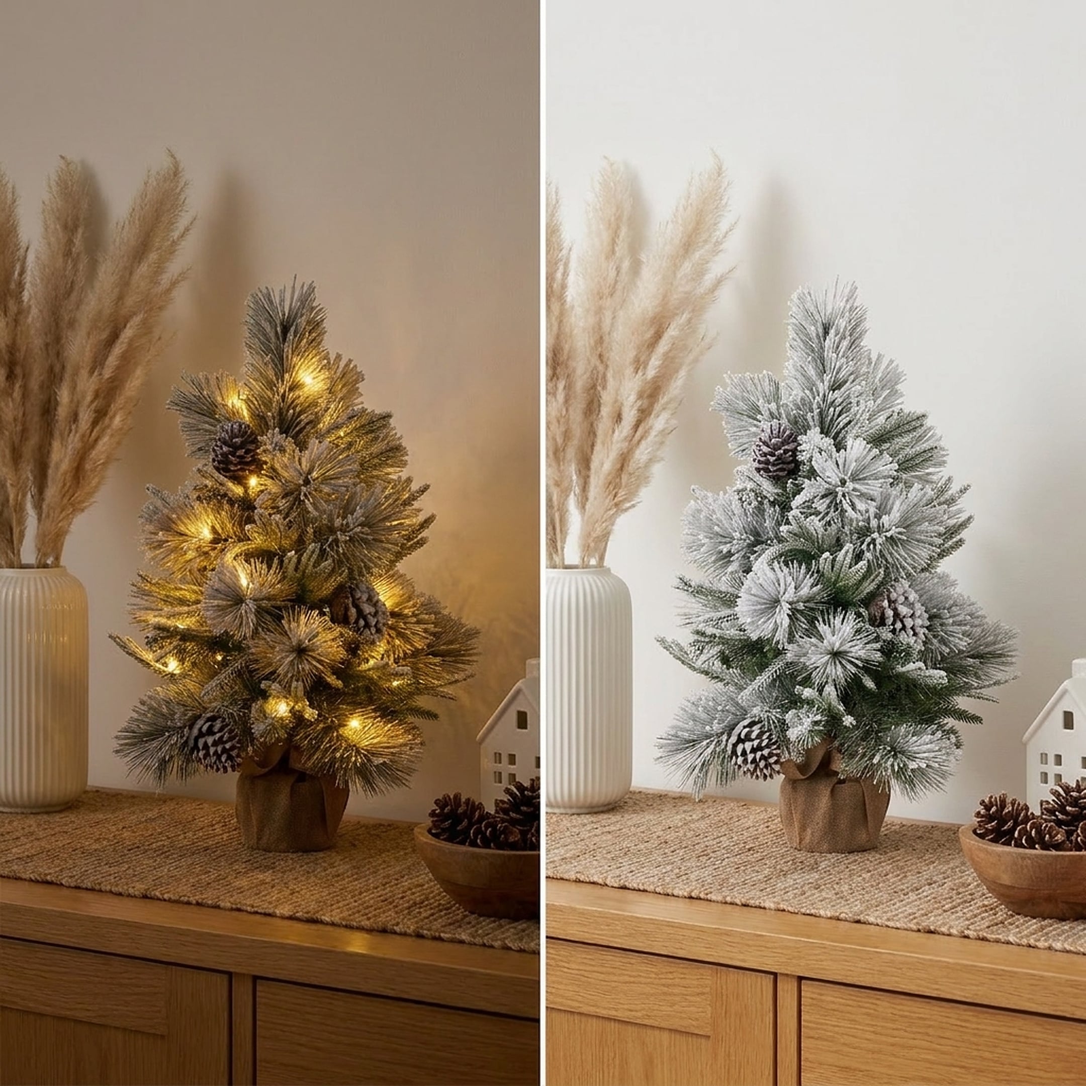 Christabelle 61cm 2ft Alpine Snow Potted Christmas Tree Pre Lit LED Pinecone Hessian Tabletop Festive Holiday Decoration