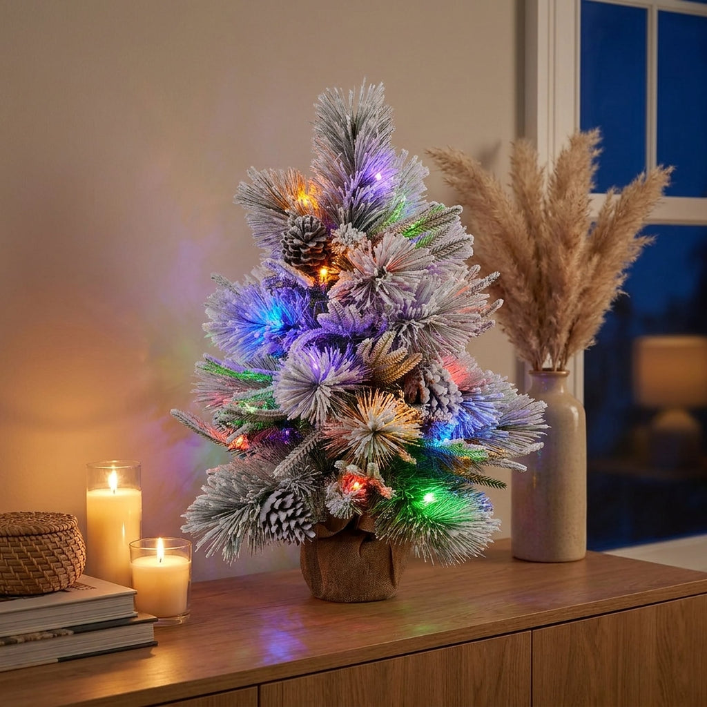 Christabelle 61cm 2ft Alpine Snow Potted Christmas Tree Pre Lit LED Pinecone Hessian Tabletop Festive Holiday Decoration