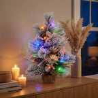 Christabelle 61cm 2ft Alpine Snow Potted Christmas Tree Pre Lit LED Pinecone Hessian Tabletop Festive Holiday Decoration