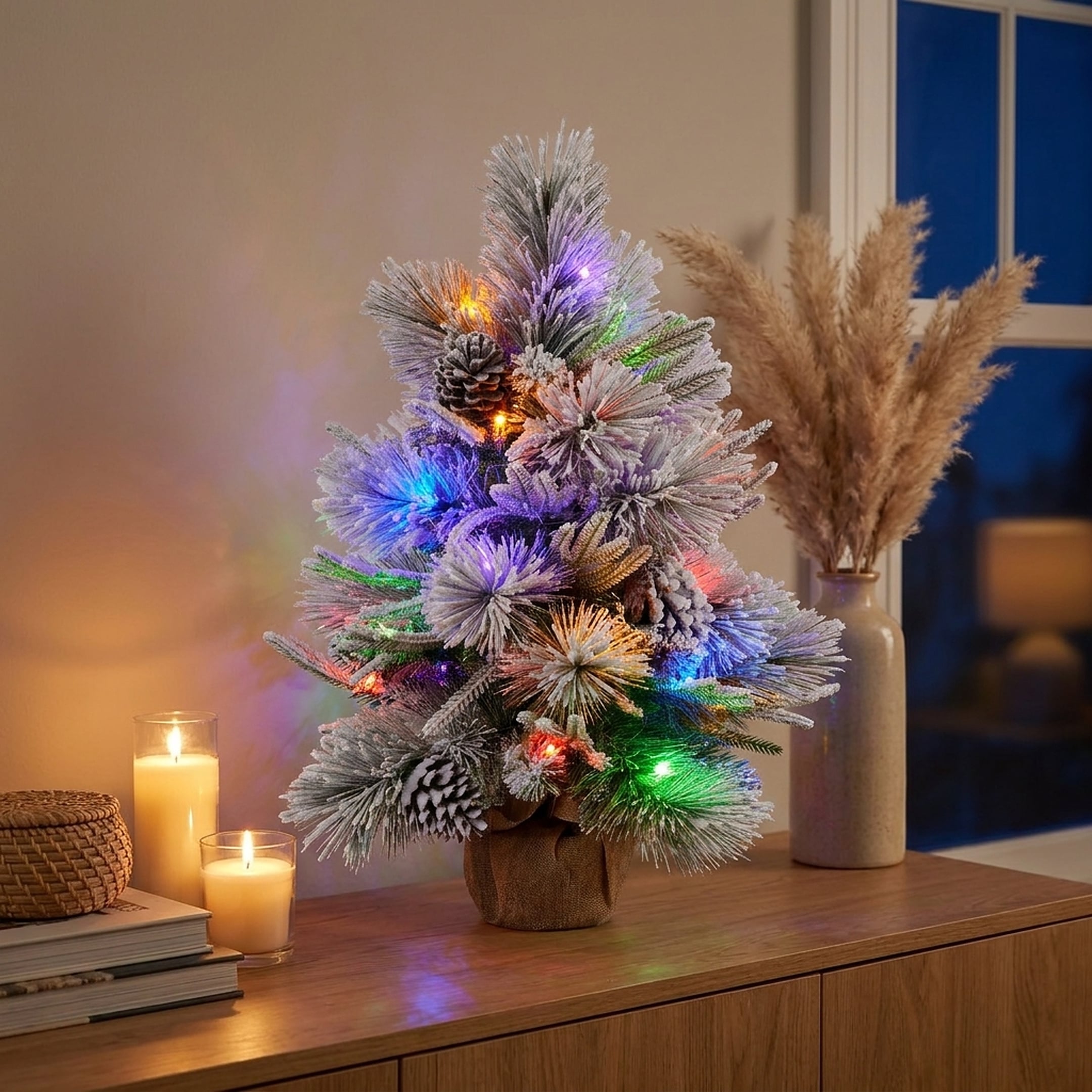 Christabelle 61cm 2ft Alpine Snow Potted Christmas Tree Pre Lit LED Pinecone Hessian Tabletop Festive Holiday Decoration