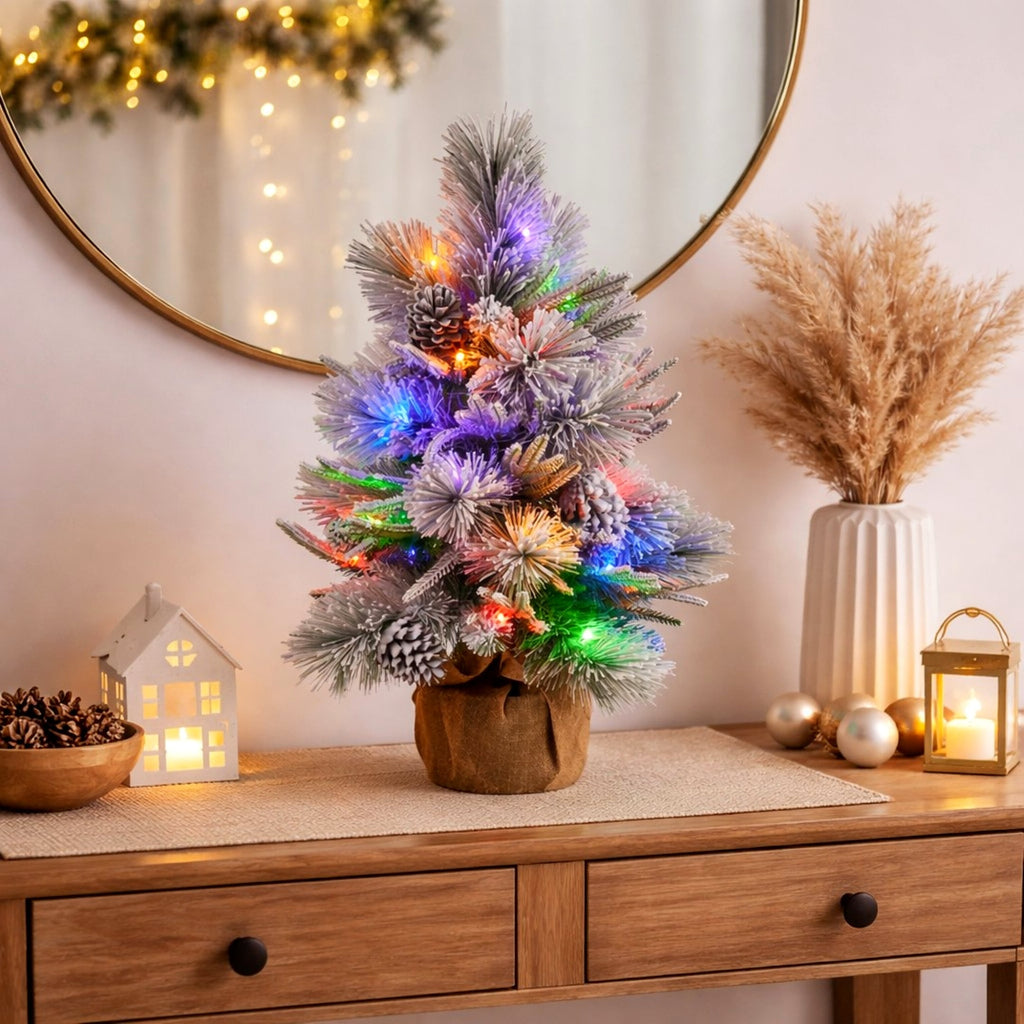 Christabelle 61cm 2ft Alpine Snow Potted Christmas Tree Pre Lit LED Pinecone Hessian Tabletop Festive Holiday Decoration
