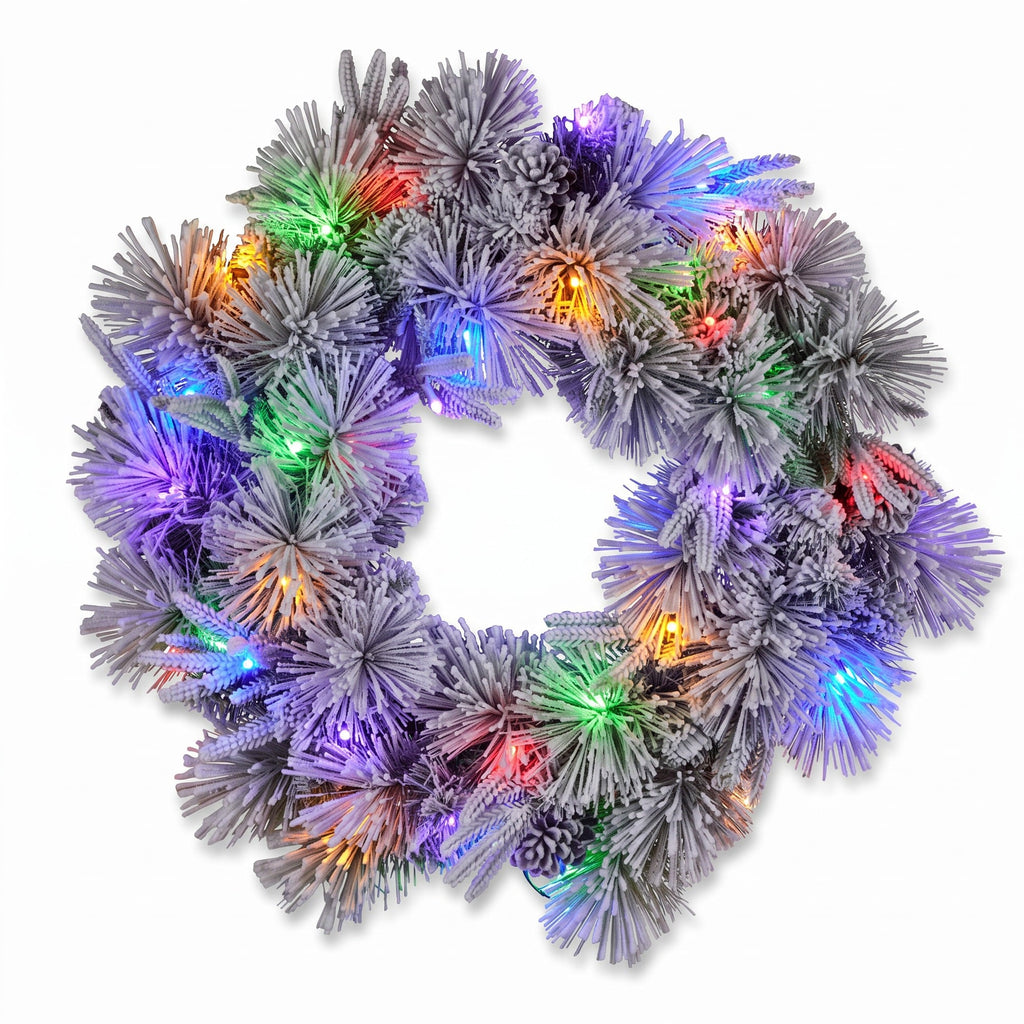 Christabelle 61cm Alpine Snow Christmas Wreath Pre Lit Multi Function LED Timer Pinecone Front Door Xmas Decoration Home