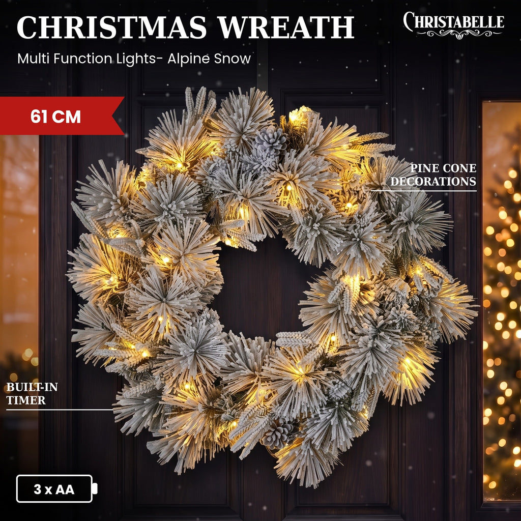 Christabelle 61cm Alpine Snow Christmas Wreath Pre Lit Multi Function LED Timer Pinecone Front Door Xmas Decoration Home