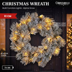 Christabelle 61cm Alpine Snow Christmas Wreath Pre Lit Multi Function LED Timer Pinecone Front Door Xmas Decoration Home