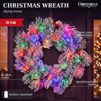 Christabelle 61cm Alpine Snow Christmas Wreath Pre Lit Multi Function LED Timer Pinecone Front Door Xmas Decoration Home