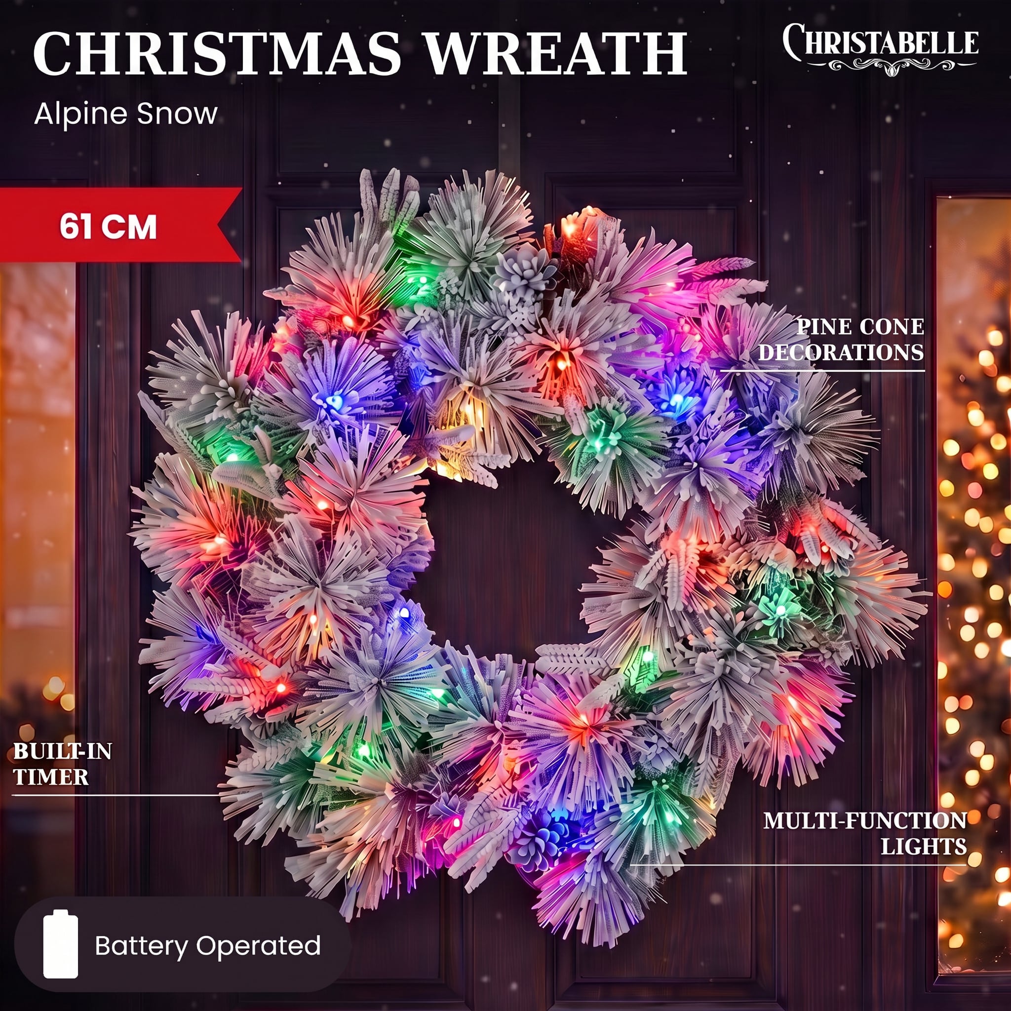 Christabelle 61cm Alpine Snow Christmas Wreath Pre Lit Multi Function LED Timer Pinecone Front Door Xmas Decoration Home