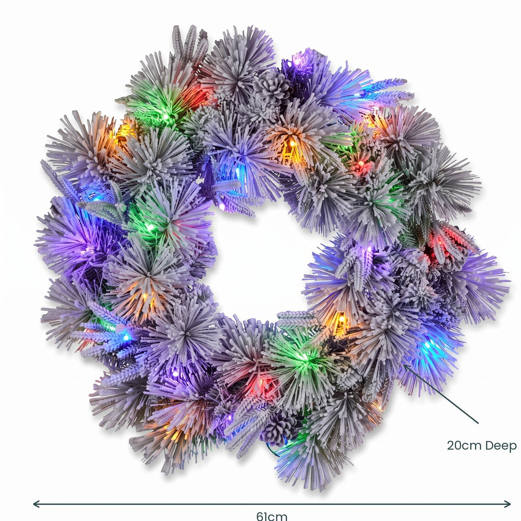 Christabelle 61cm Alpine Snow Christmas Wreath Pre Lit Multi Function LED Timer Pinecone Front Door Xmas Decoration Home