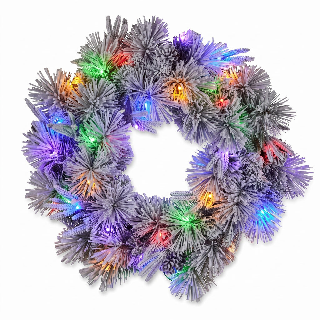 Christabelle 61cm Alpine Snow Christmas Wreath Pre Lit Multi Function LED Timer Pinecone Front Door Xmas Decoration Home