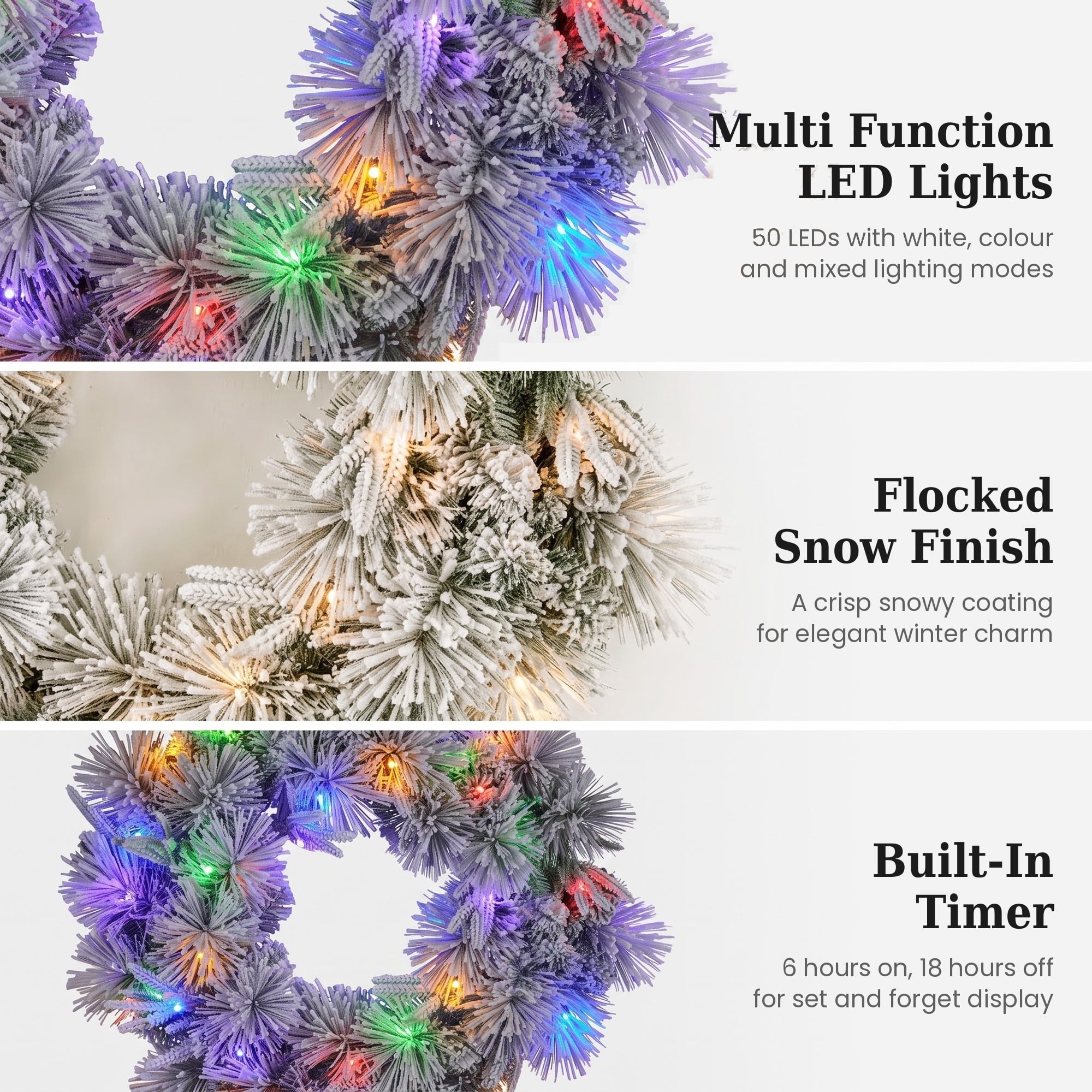 Christabelle 61cm Alpine Snow Christmas Wreath Pre Lit Multi Function LED Timer Pinecone Front Door Xmas Decoration Home