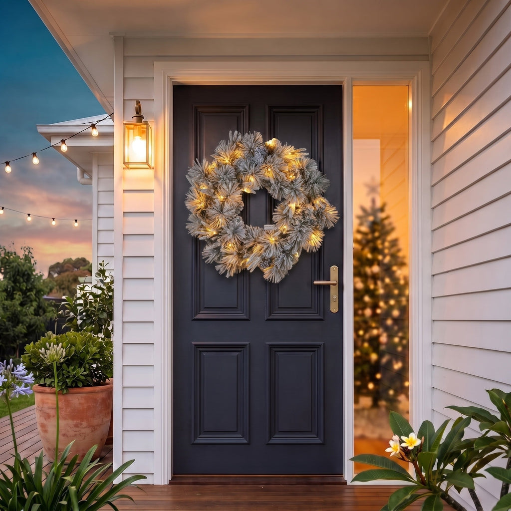 Christabelle 61cm Alpine Snow Christmas Wreath Pre Lit Multi Function LED Timer Pinecone Front Door Xmas Decoration Home