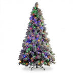 Christabelle 2.3m 7.5ft Alpine Snow Christmas Tree Pre Lit Multi Function LED Flocked Pine Cones Hinged Branches Home