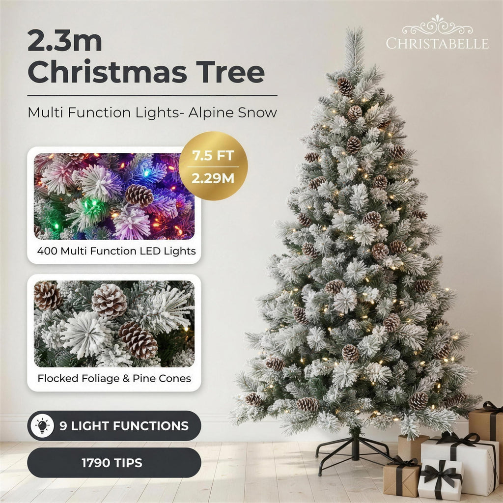 Christabelle 2.3m 7.5ft Alpine Snow Christmas Tree Pre Lit Multi Function LED Flocked Pine Cones Hinged Branches Home